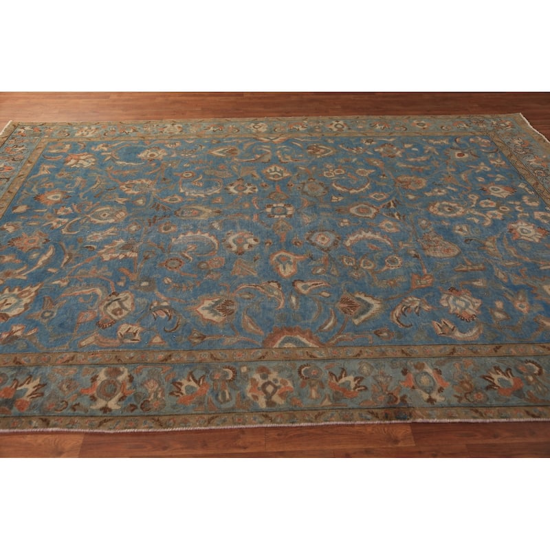 All-Over Floral Blue Tabriz Persian Area Rug Hand-Knotted Wool Carpet - 7'10"x 11'0"