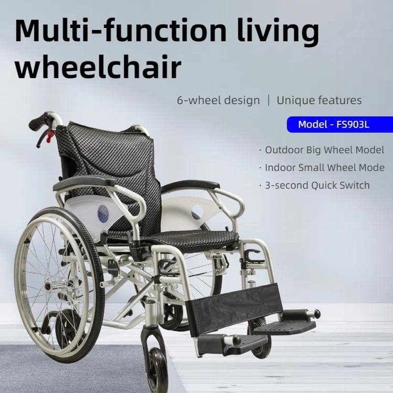 Aluminum alloy multi-function wheelchair. Unique 6 tire design. Quickly switch between self-use and companion mode