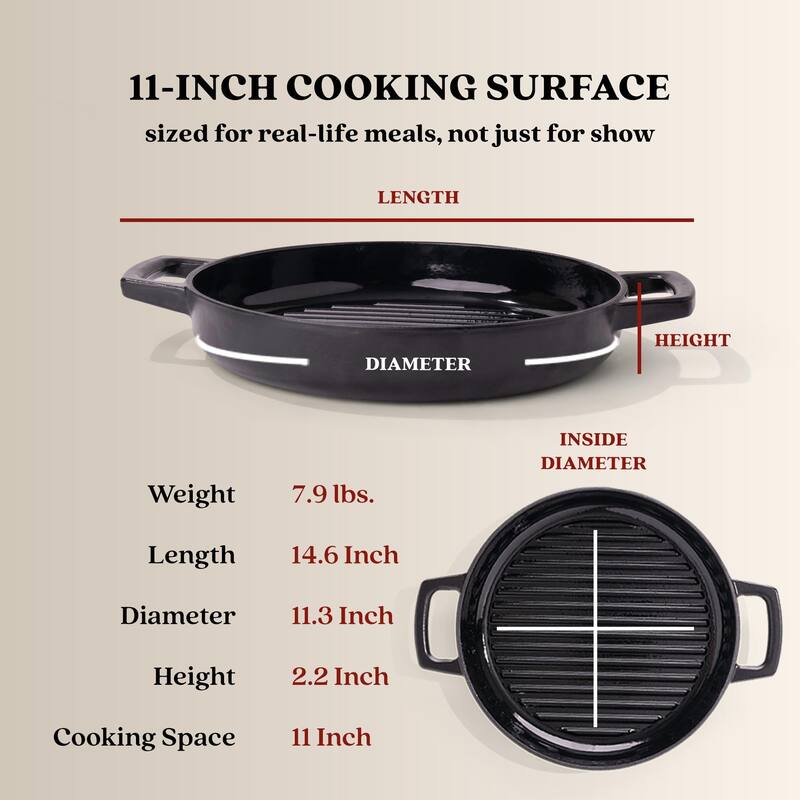 Alva Nori 11" Enameled Cast Iron Griddle Pan, Naturally Nonstick Grill Pan