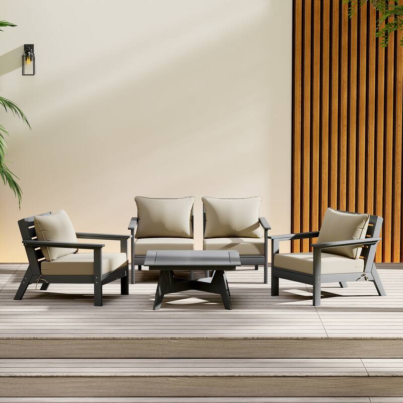 Birchwood All Weather HDPE Outdoor Patio Gray Deep Seating Conversation Set (5-Piece Set) - Gray/Beige