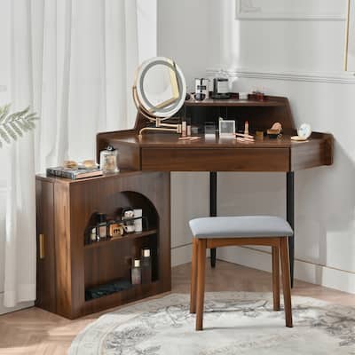 Corner Vanity Desk with Lighted Mirror, Fluted Makeup Vanity Desk, Vanity Set with Brightness Adjustable Folding Mirror & Stool