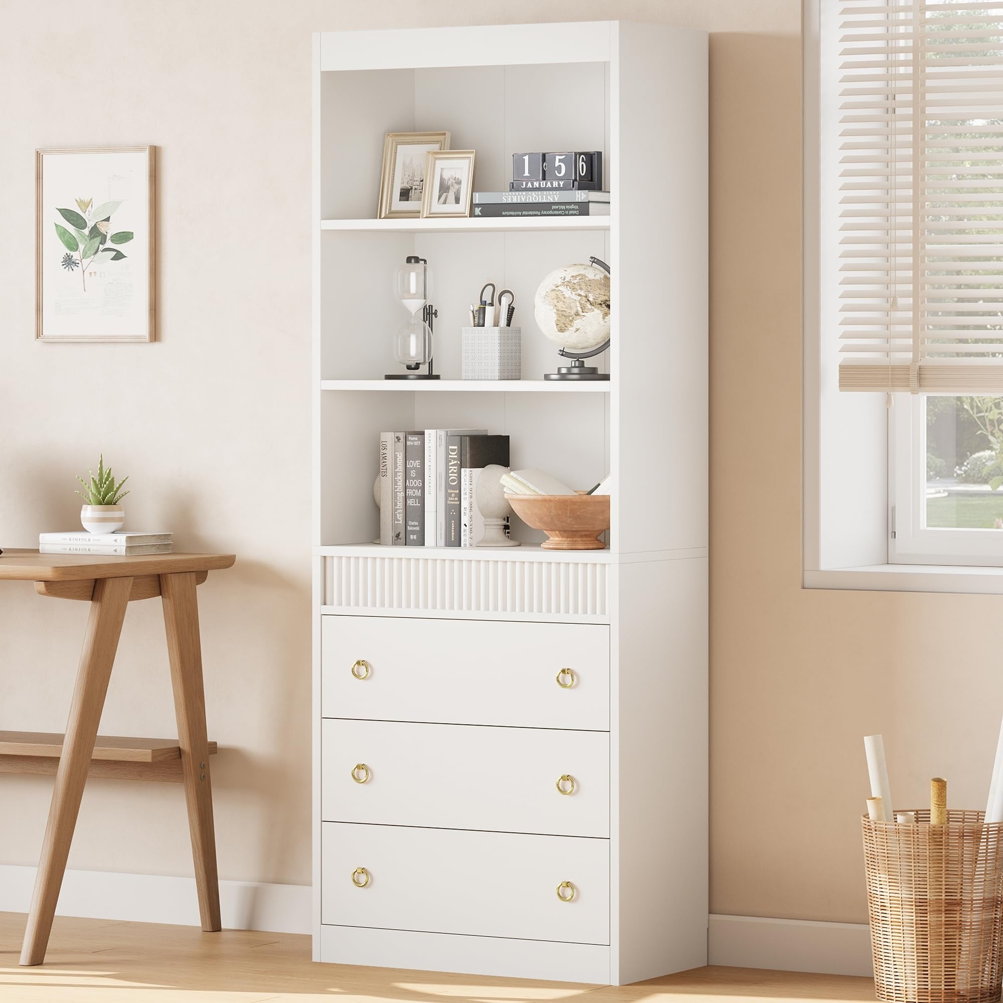 Fluted Bookshelf with Drawers, 6-Tier Tall Bookcase with Cabinet, Modern Wood Display Shelf