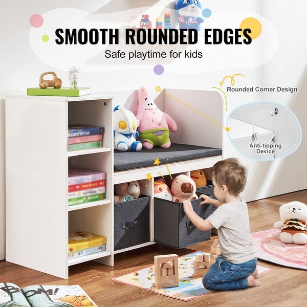 HedoAjim Kids Bookshelf With Reading Nook, 5-Cubby Bookcase With Cushion, Toy Storage & Corner Bench