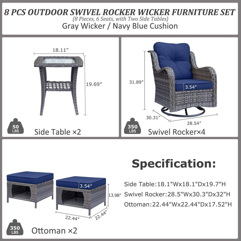 Gray Rattan Outdoor Patio Conversation Sets with Swivel Rocker Chairs