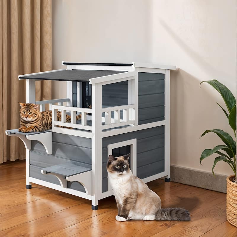 Moasis Two-Story Outdoor Cat House for 2 Cats, Cat Shelter with Openable Roof