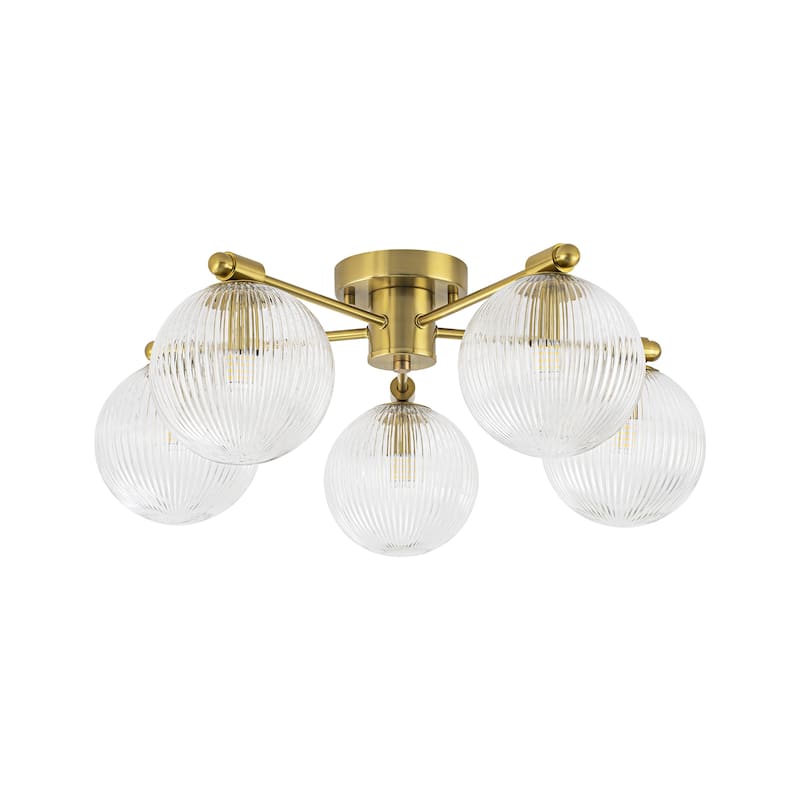 22 in. 5-Light Modern Brass Clear Ribbed Glass Globe Semi-Flush Mount Ceiling Light - 22.05 in. diameter x 8.66 in. height
