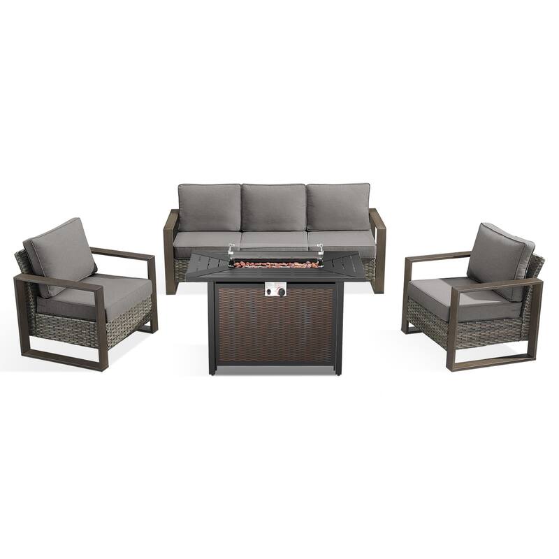 Meyreso Wicker Patio Conversation Set with Metal Fire Pit Table & Olefin Cushions