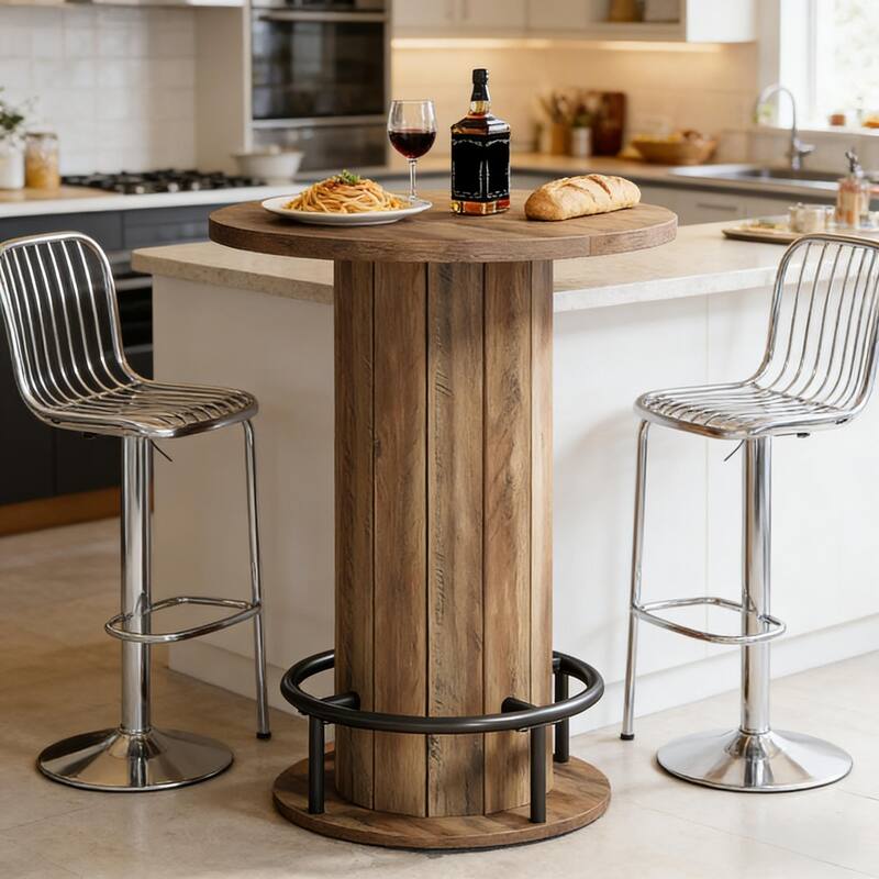 Round Bar Table with Fence-Style Base, Wood Cocktail Table Pub Table with Footrest, Coffee Table Kitchen Dining Table - Rustic Brown