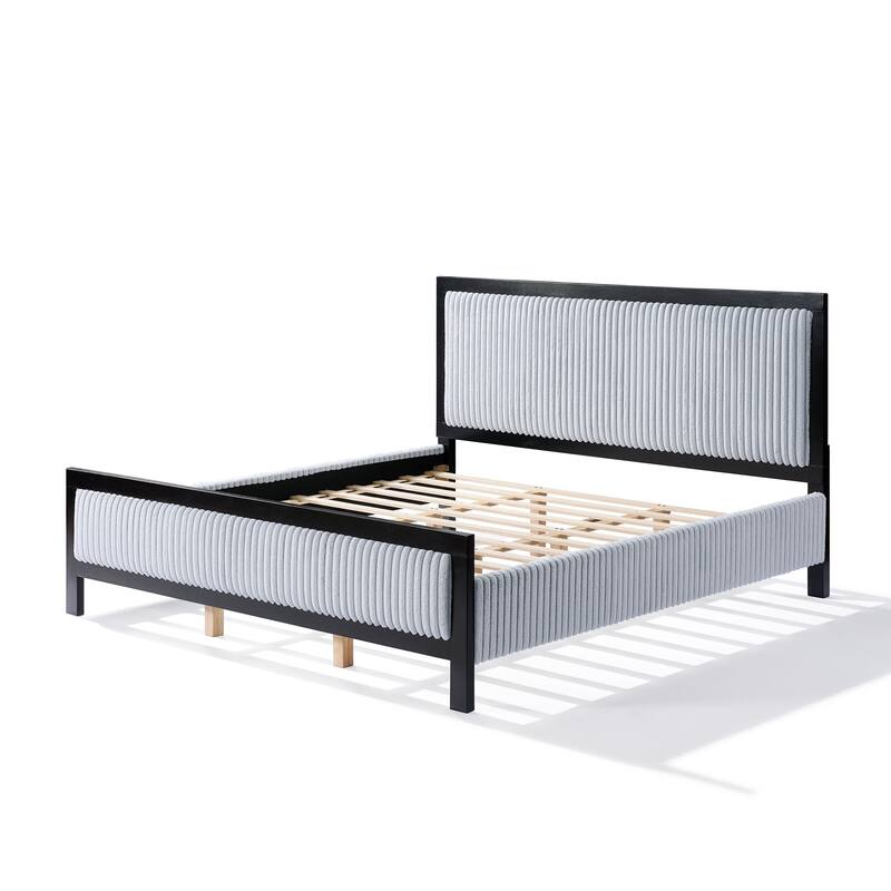 King Size Upholstered Platform Bed with Fluffy Headboard, Grey & Black Wood Frame, 800lbs Capacity