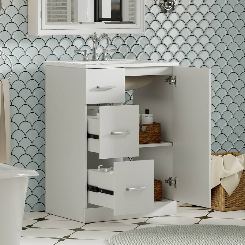 GDFStudio - Elmbrook Modern Bathroom Vanity with Ceramic Sink and 2 Storage Drawers & Soft-Closing Door - 24'W