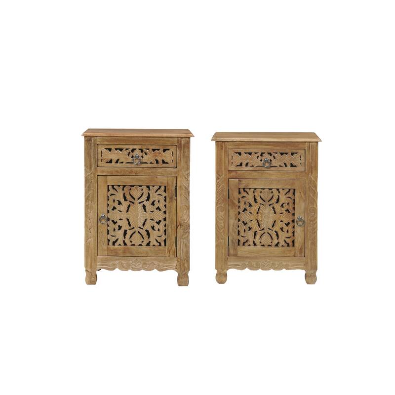 Florence Floral Solid Mango Wood 1-Drawer Nightstand with Cabinet Storage Assembled