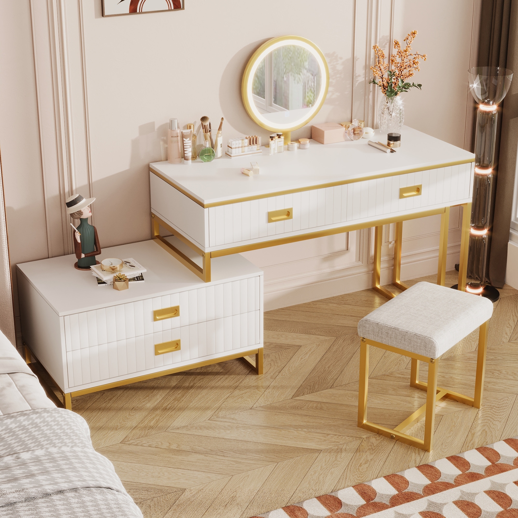 Vanity Table Stool Set with Movable Side Cabinet and LED Light Mirror Gold White 4 drawer
