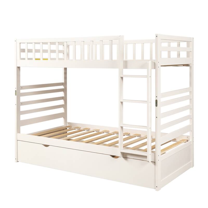 Twin Bunk Bed with Ladder and Movable Trundle, Bunk Bed Converts Into