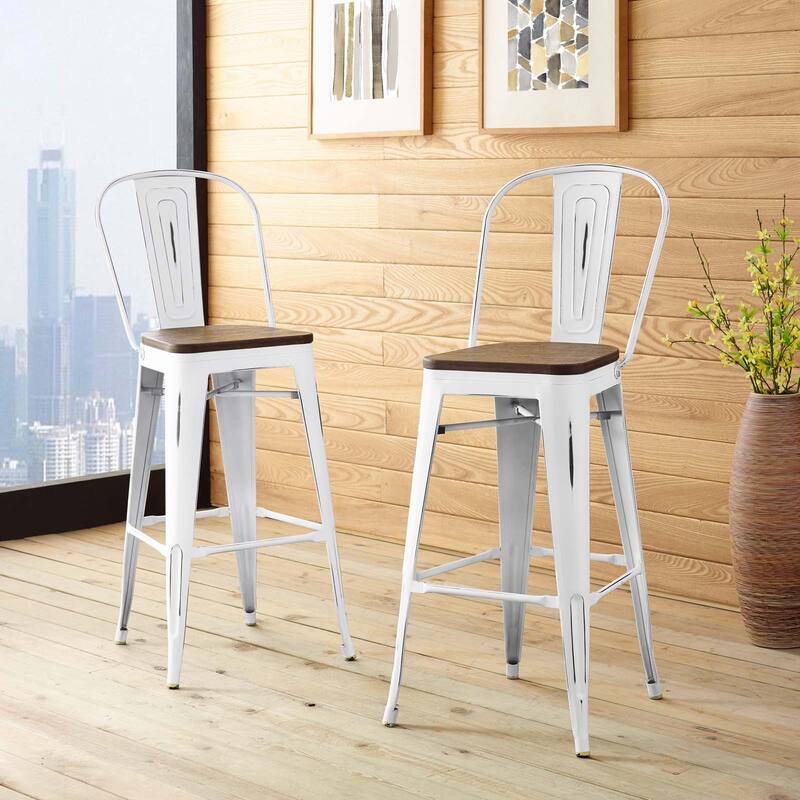 Industrial Modern Steel Bistro Bar Stool With Bamboo Seat in Black