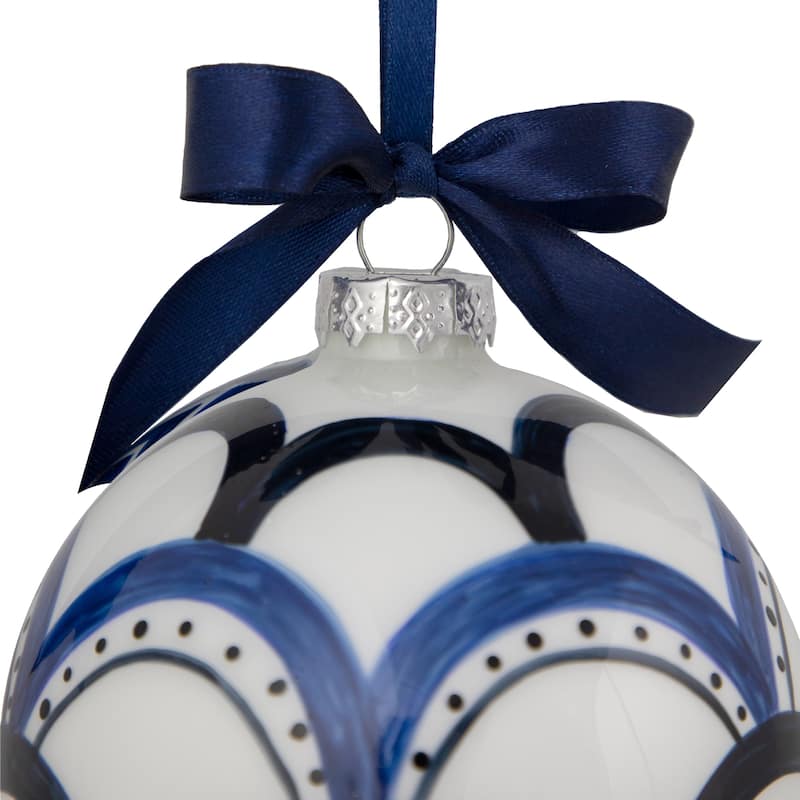 Scallop Glass Christmas Ball Ornament - 4" - White and Blue