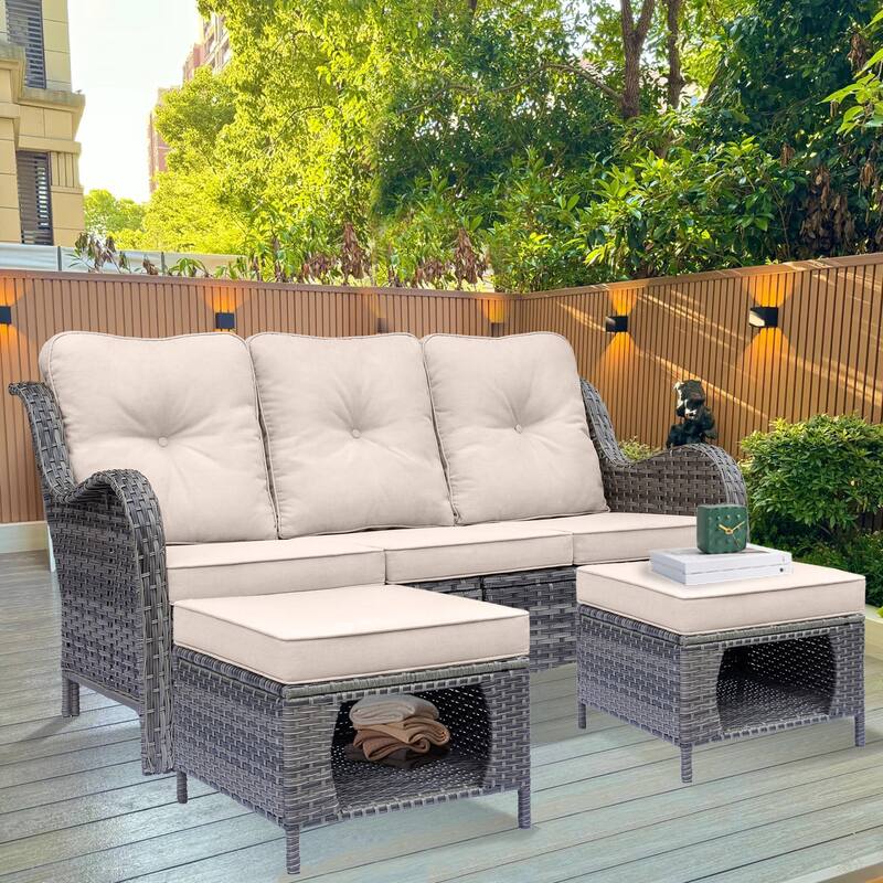 3 Piece Wicker Outdoor Couch Patio Sofa with Storage Ottomans Set - Beige