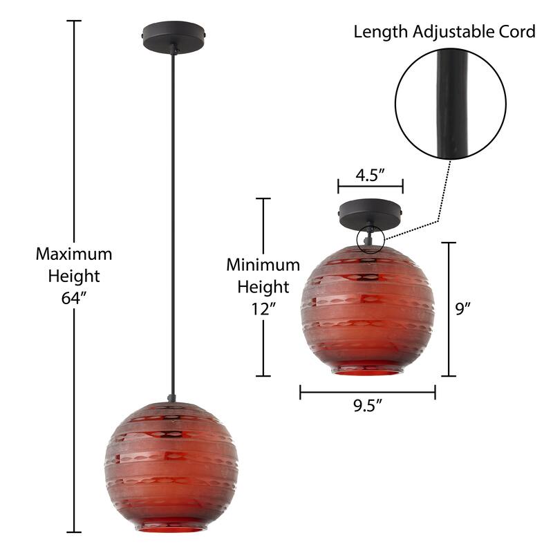 Hayley River of Goods Black Metal and Red Blown Glass 9.5-Inch Pendant Light with Adjustable Hanging Cord - 9.5" x 9.5" x 64"