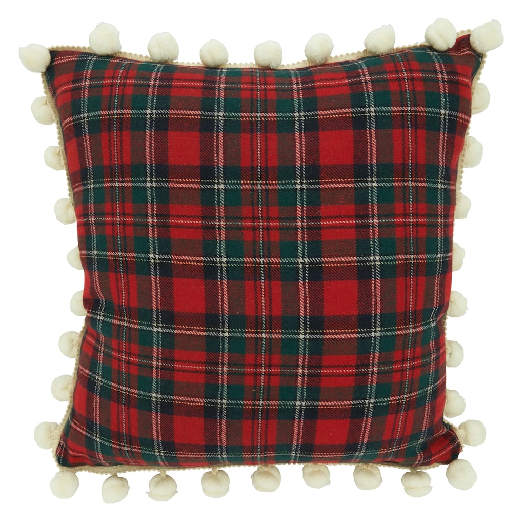 Plaid Pillow With Pom Pom Design