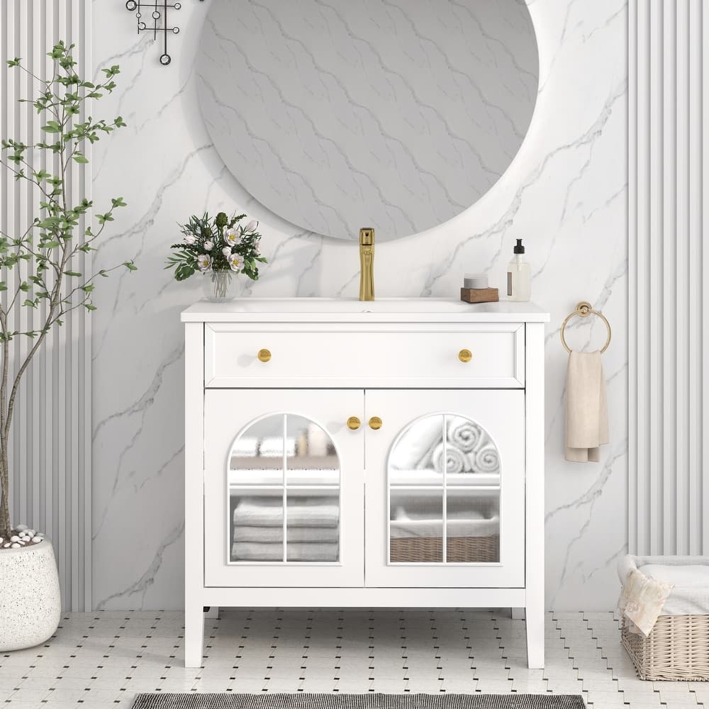 Modern Single Sink Bathroom Vanity Cabinet with Motion-sensor Light Strip & Patterned Glass, Ceramic Integrated Basin