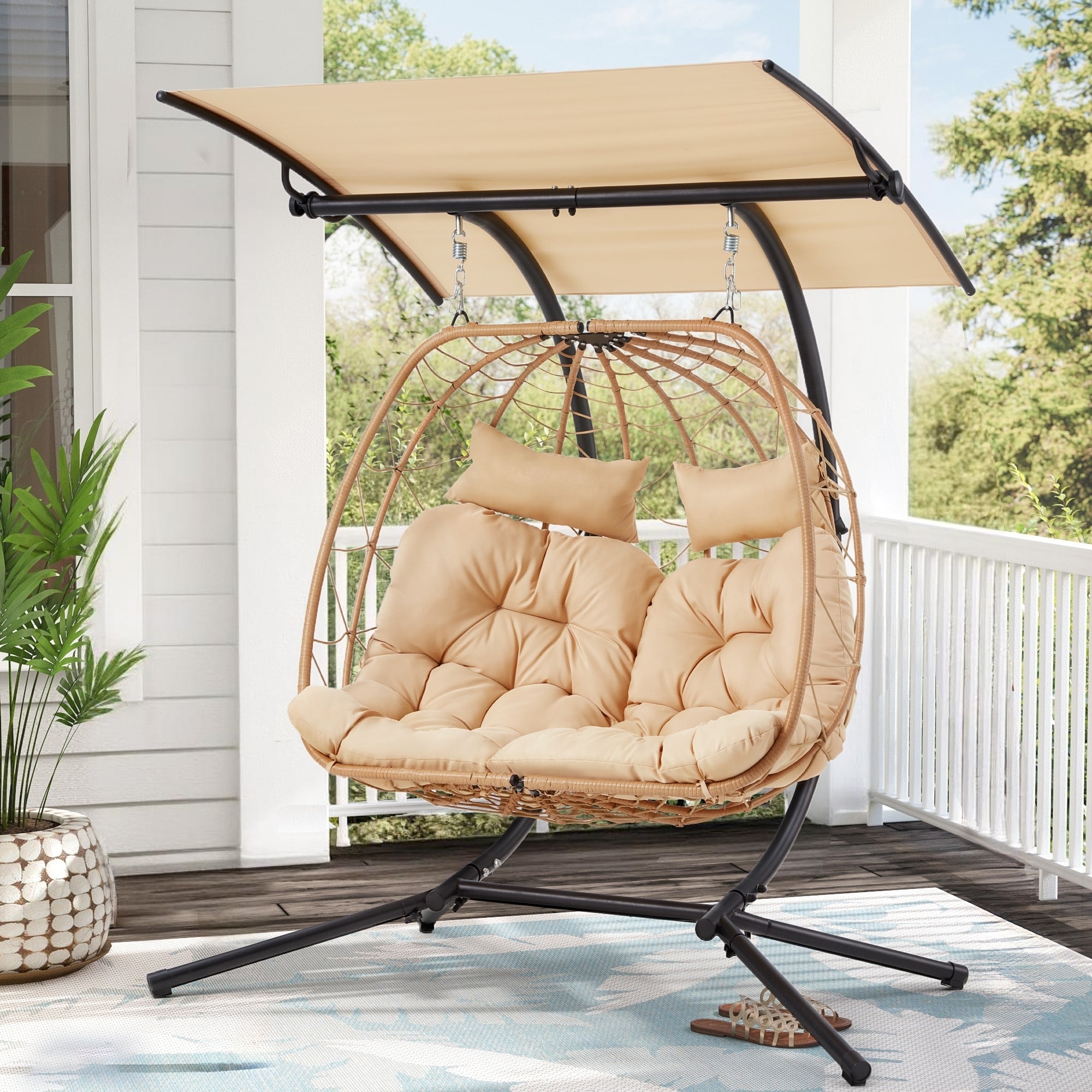 Double Hanging Egg Chair with Adjustable Canopy - Outdoor Swing Chair with Stand, Cushions & Pillows - Wicker Rattan Hammock.