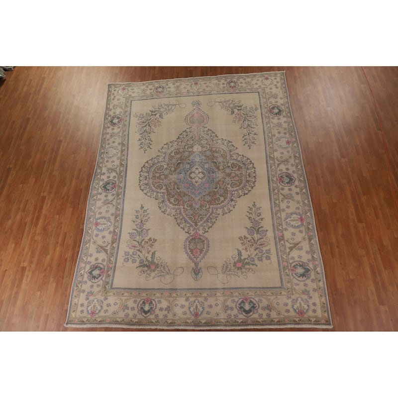 Distressed Geometric Tabriz Persian Rug Hand-knotted Wool Carpet - 9'8" x 12'11"
