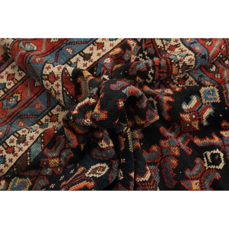 Hand Knotted Oriental 100% Wool Carpet Traditional Geometric Navy Blue & Blues Qashqai Area Rug - 9' 5'' X 4' 7''
