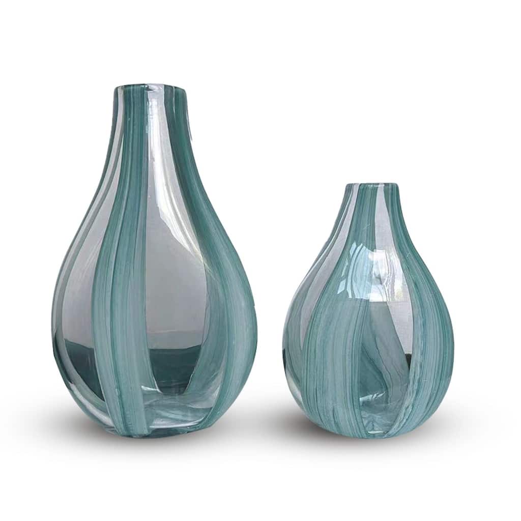 Green Striped Tear Drop Glass Set of Two Elegant Art Deco Vases