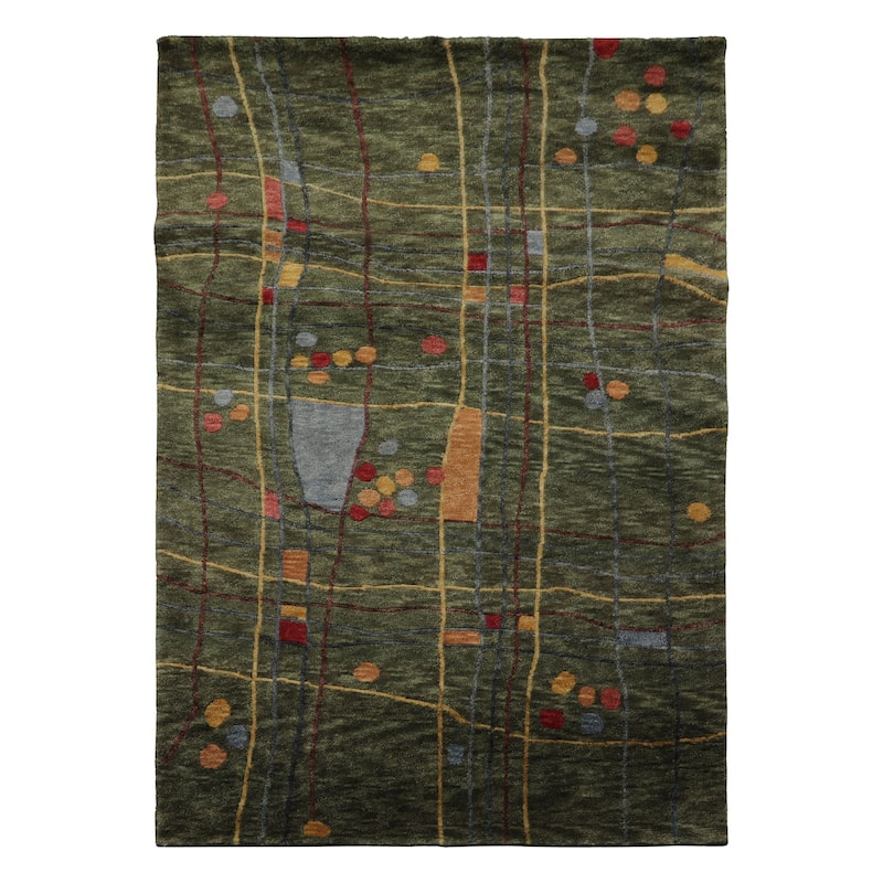 Tibetan Modern Plush Pile Designer 4'2''x5'10'' Hand Knotted Wool Green Rug - 4' 2'' x 5' 10'' - 4' 2'' x 5' 10''