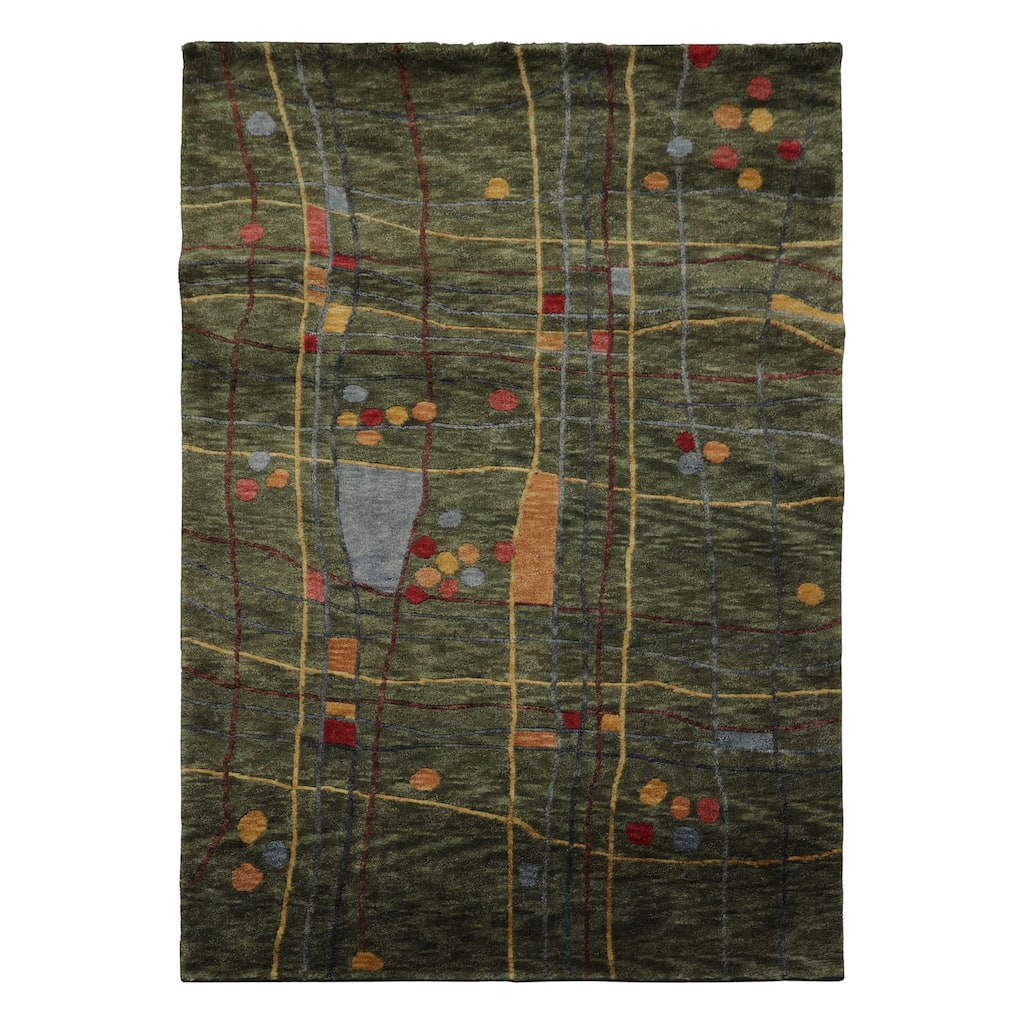 Tibetan Modern Plush Pile Designer 4'2''x5'10'' Hand Knotted Wool Green Rug - 4' 2'' x 5' 10''