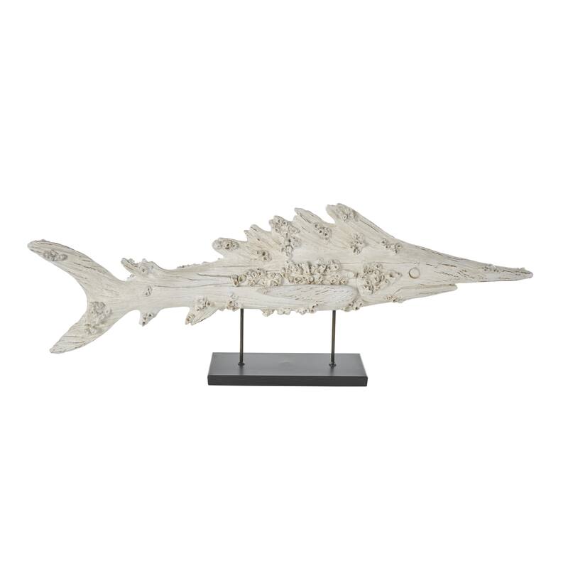 Polystone Fish Textured Decorative Sculpture with Brown Distressing and Black Metal Stand - Cream - Roche River Decor