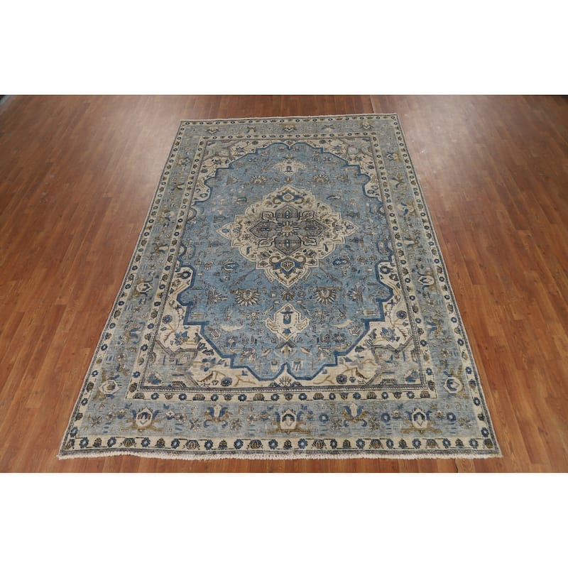 Geometric Blue Tabriz Persian Area Rug Floral Handmade Wool Carpet - 6'7"x 9'6"