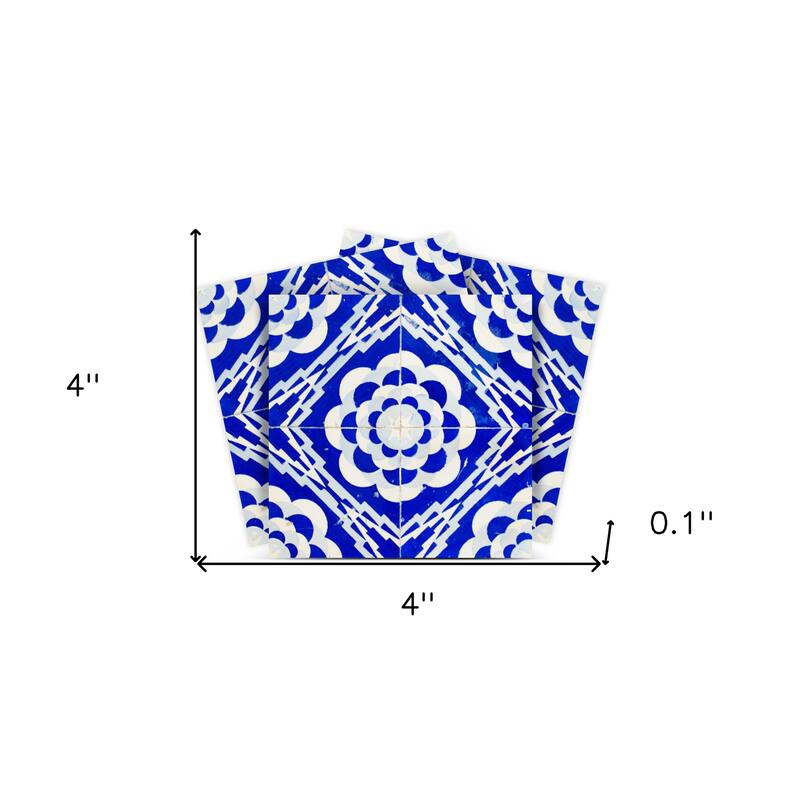 HomeRoots 4" X 4" Blue And White Gerbera Peel And Stick Removable Tiles