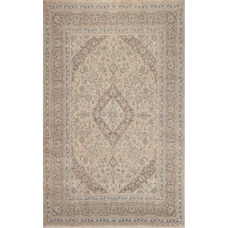 Hand Knotted Oriental 100% Wool Carpet Traditional Floral Beige & Ivories Mashad Area Rug - 11' 1'' X 8' 1''