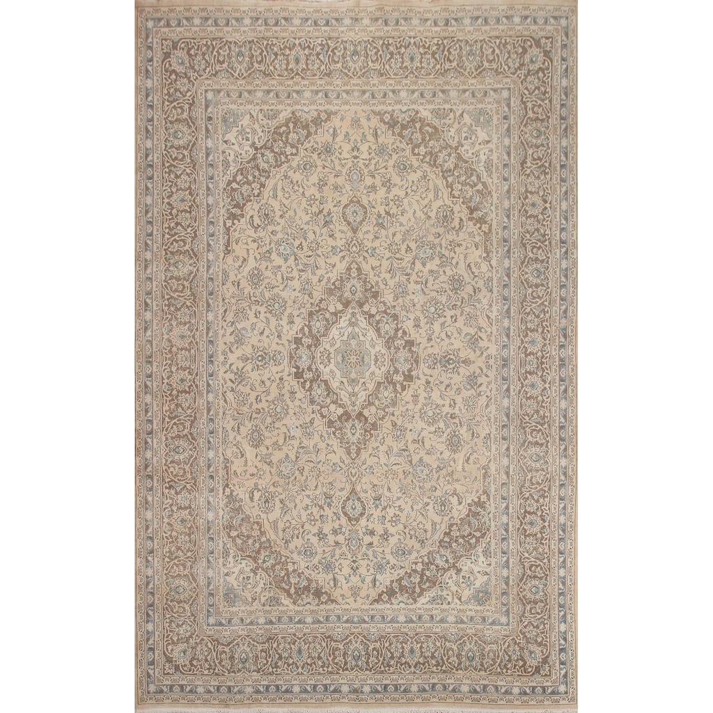 Hand Knotted Oriental 100% Wool Carpet Traditional Floral Beige & Ivories Mashad Area Rug - 11' 1'' X 8' 1''
