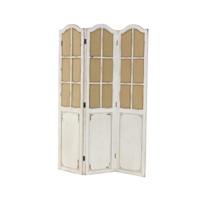 Beige Wood Hinged Foldable Partition 3 Panel Partition Room Divider Screen with Burlap Window Pane Design