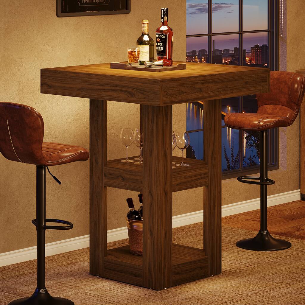 3-Tier Wooden Square Bar Table with Storage Shelves