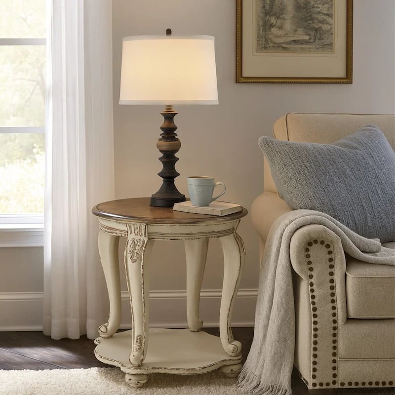 Round Wooden End Table with Open Bottom Shelf, Brown and Antique White