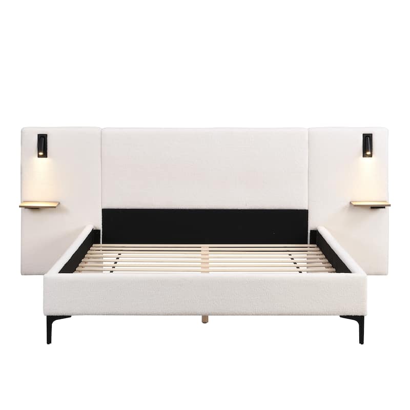 Linen Upholstered Frame Wingback Bed Built-in Lights and Shelves