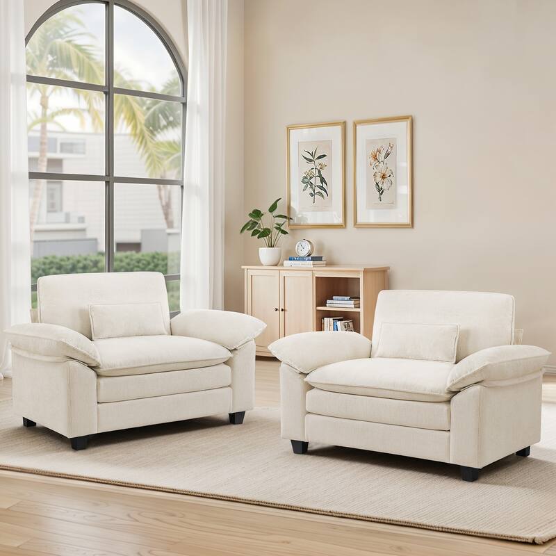 The Modern Reading Chair With Arms Pillows, Upholstered Armchair Accent chair Set of 2 - 52"W X 54.6"D X 34.6"H - Off-White
