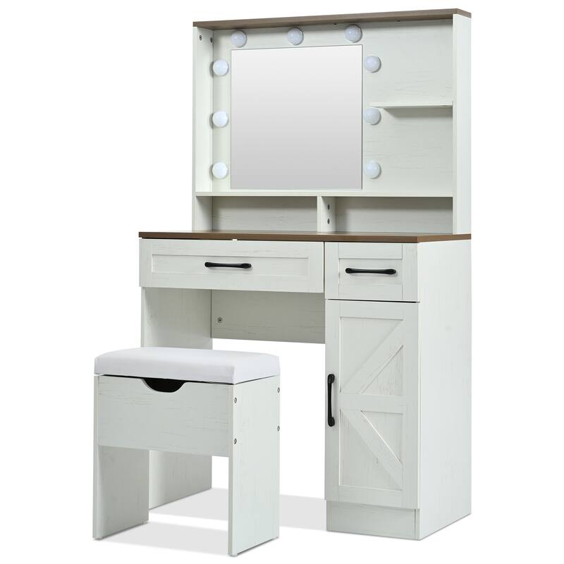 Vanity Set with Stool, Dressing Table with Adjustable Shelves,3 Lighting Modes，2 Drawers and Side Cabinet , White