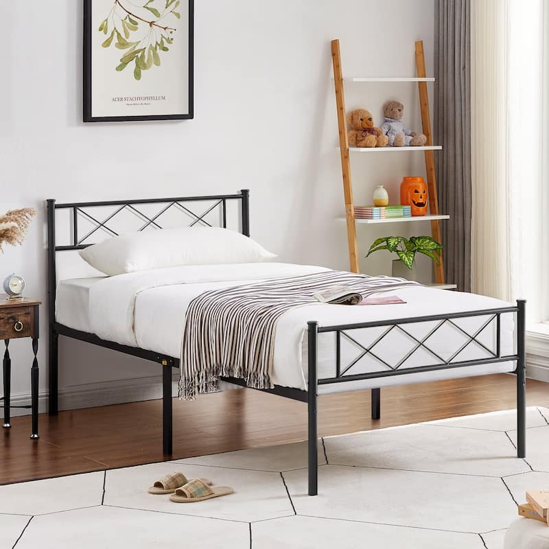 VECELO Industrial 3-Piece Bedroom Set Black Platform Bed Frame with Headboard and Modern Nightstand Set of 2