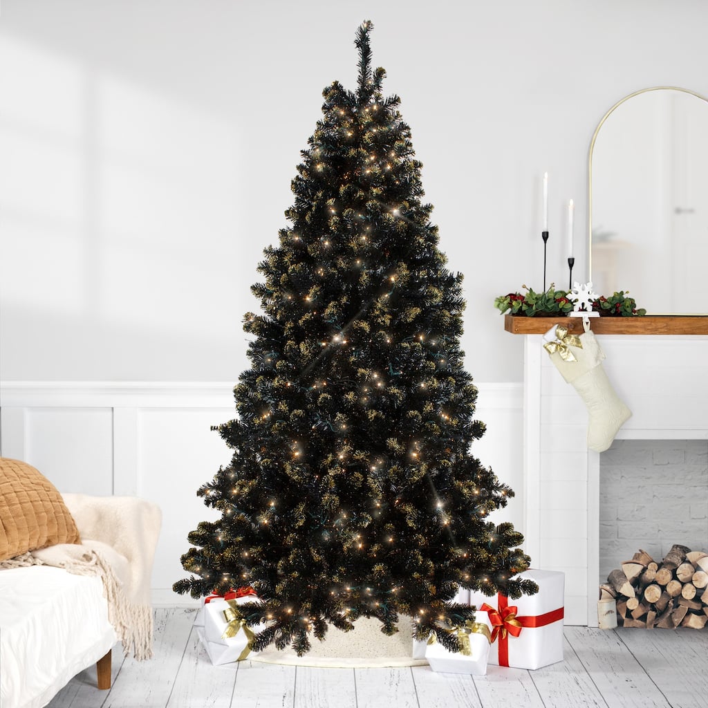 Pre-Lit LED Black Crystal Pine with Gold Glitter Artificial Christmas Tree - 7.5 ft Clear Lights - 7.5'