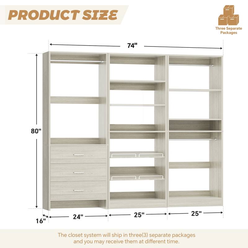Set of 3 Closet Organizer with Drawers and Shoe Rack, Freestanding Closet System for Bedroom or Walk-in Closet