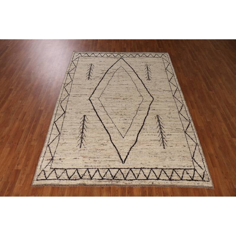 Geometric Grey Moroccan Oriental Area Rug Hand-Knotted Wool Carpet - 6'11" x 9'7"