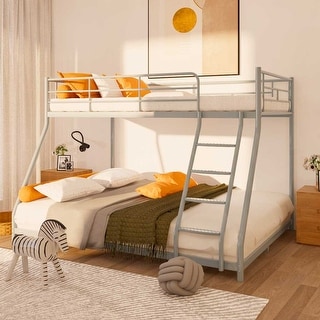 Silver Metal Twin over Full Bunk Bed with Diamond-Shaped Rungs, Full-Length Guardrails