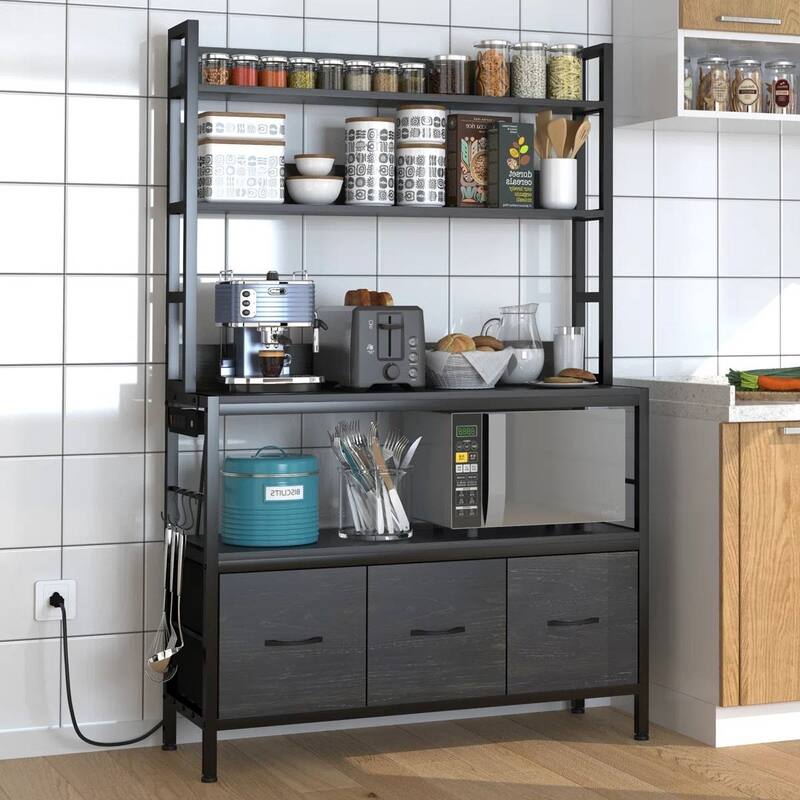 Kitchen Storage Rack with 4 Wooden Shelves Drawers and Baskets USB Ports and Microwave Shelf - 62.2'' H x 39.3'' W x 13.3'' D - Black
