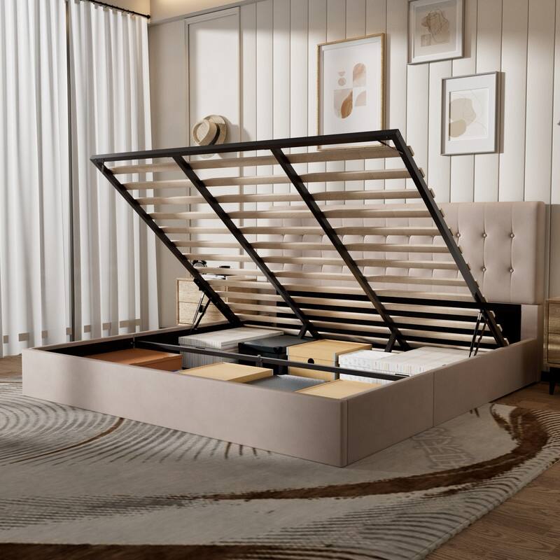 Plywood Frame Upholstered Platform Bed with Lift-up Storage