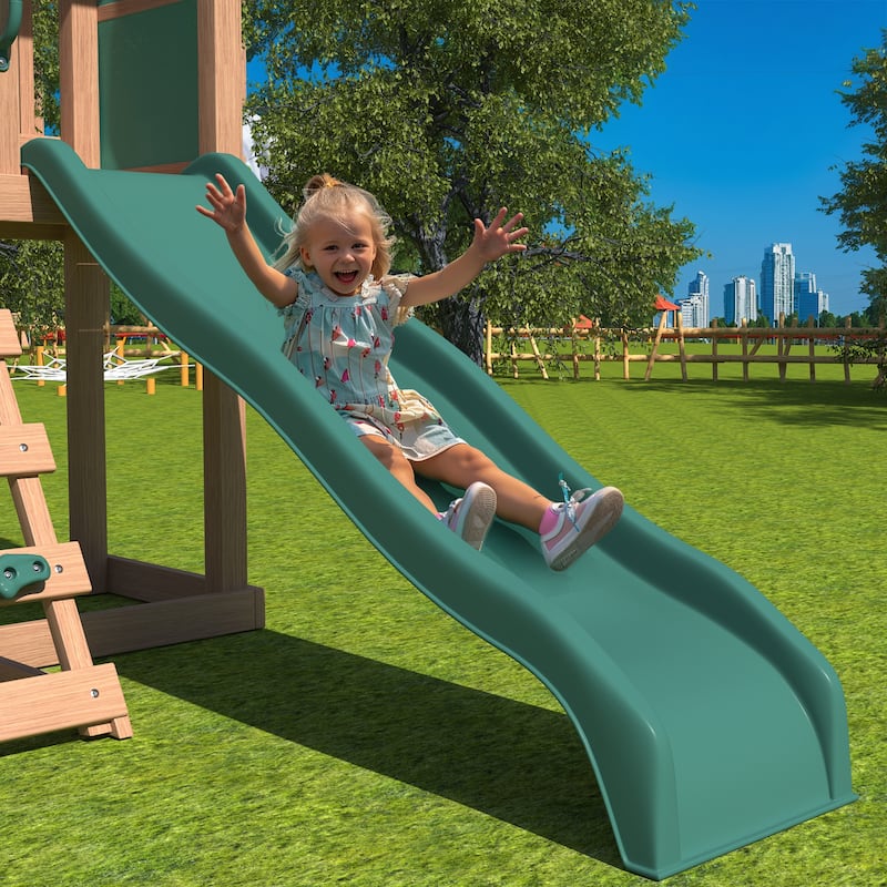 EROMMY 4-in-1 Wooden Swing Set – Backyard Playset w/ Slide, Climbing Wall, 2 Swings & Blackboard | Safe Outdoor Fun for Kids