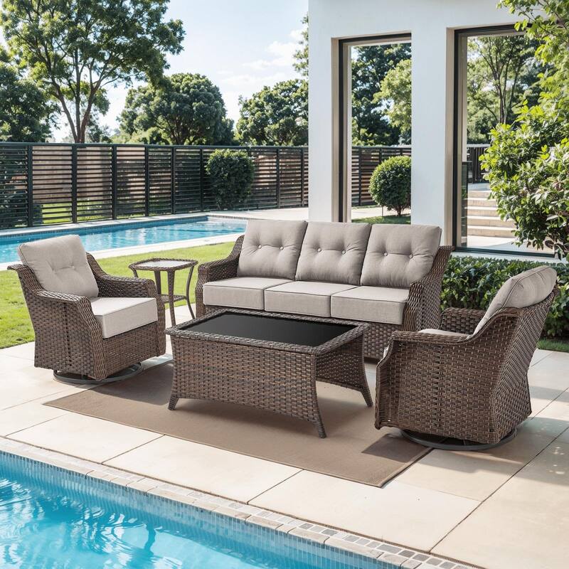 5PCS Outdoor Sofa Glider Chair with Table - Brown Wicker & Beige Cushion - 5PCS Sofa Glider Chair with Table