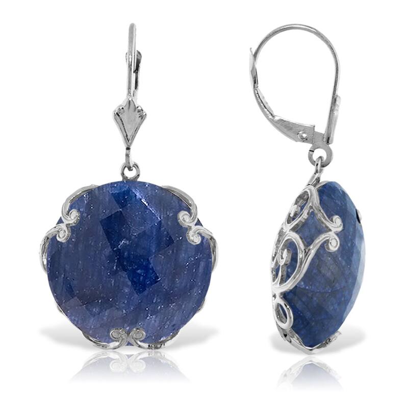14K Solid Gold Earrings w/ Checkerboard Cut Round Dyed Sapphires - White